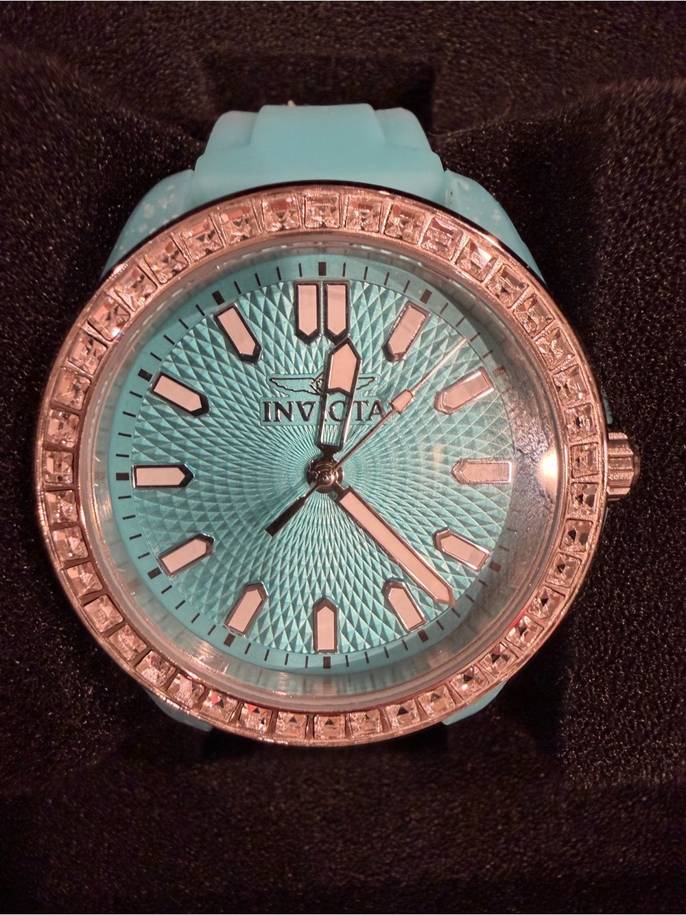 Invicta Turquoise Dial Silicone Strap Watch w crystals around face